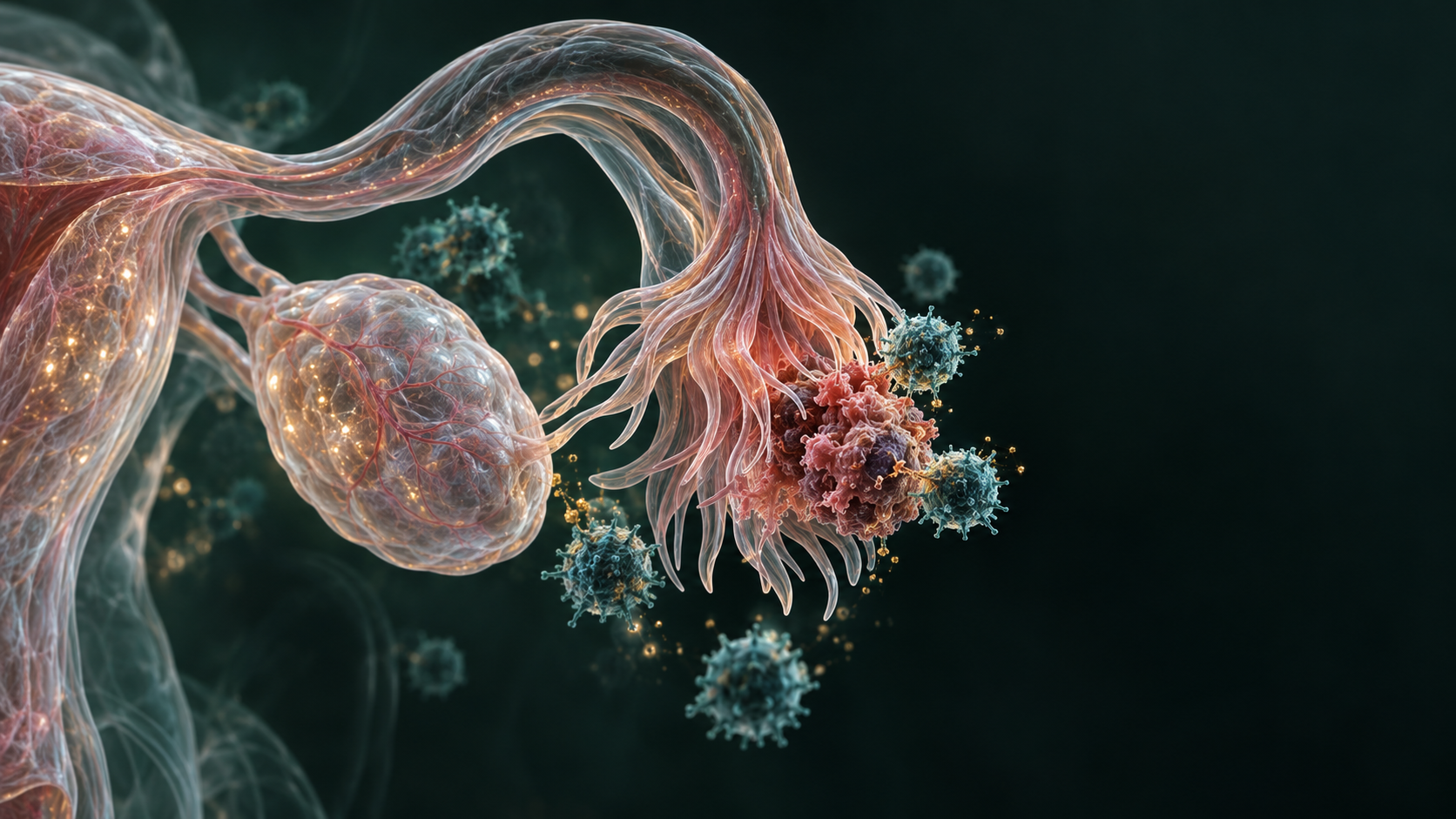 Scientific illustration of an ovary, fallopian tube, tumour cells and immune cells